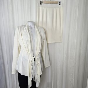 Komarov ivory ponte 2 piece skirt suit pencil skirt M tie waist draped jacket L